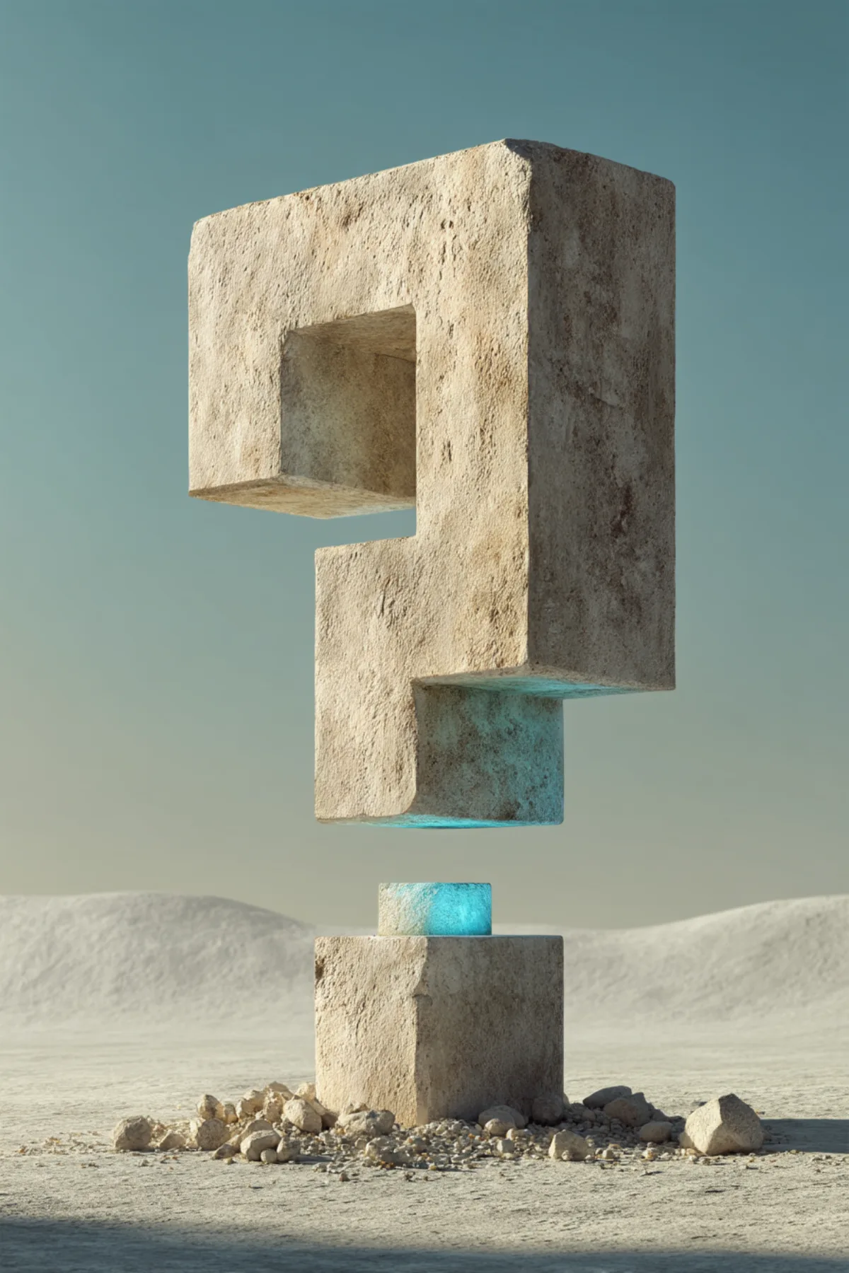 Symbolisches monumentales Fragezeichen aus Stein in karger Landschaft – visuelle Metapher für die häufigsten Fragen zu Wissensmanagement und PRESERVE365