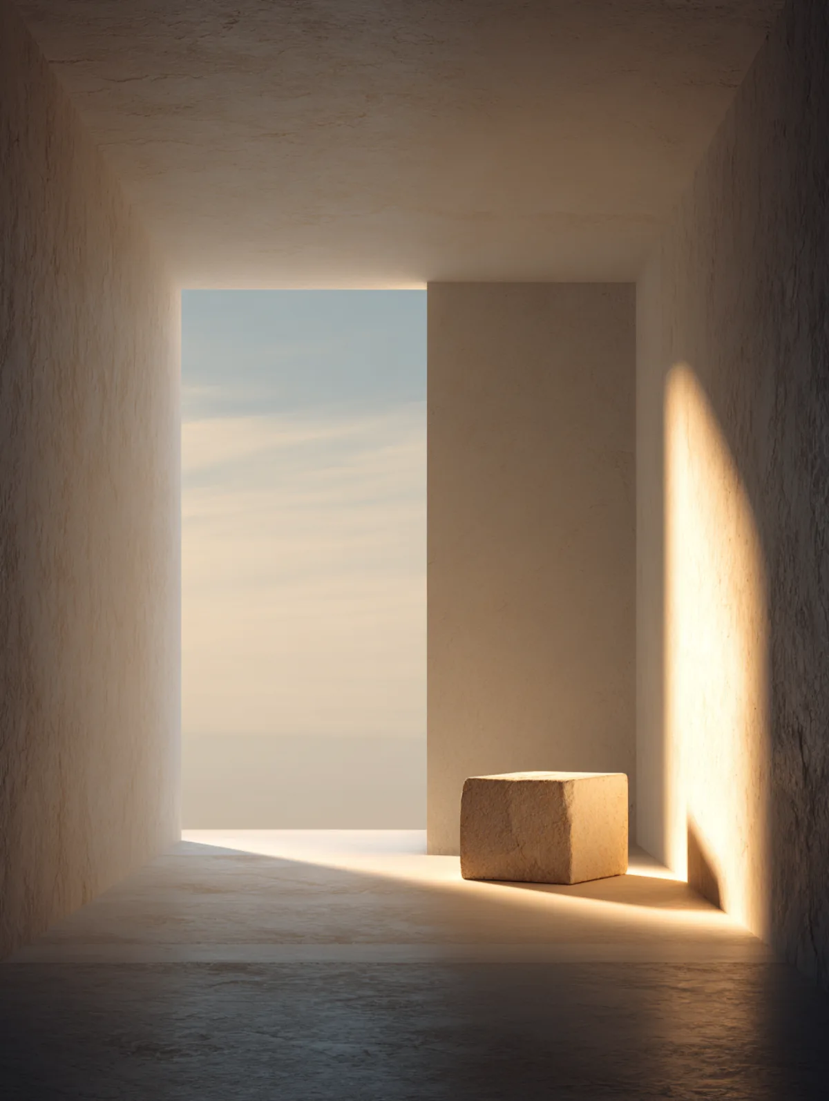 Lichteinfall durch eine offene Tür in leerer Architektur und ein einsamer Steinblock – visuelle Metapher für das stille Entweichen von Erfahrungswissen, wenn ein Unternehmen nichts unternimmt